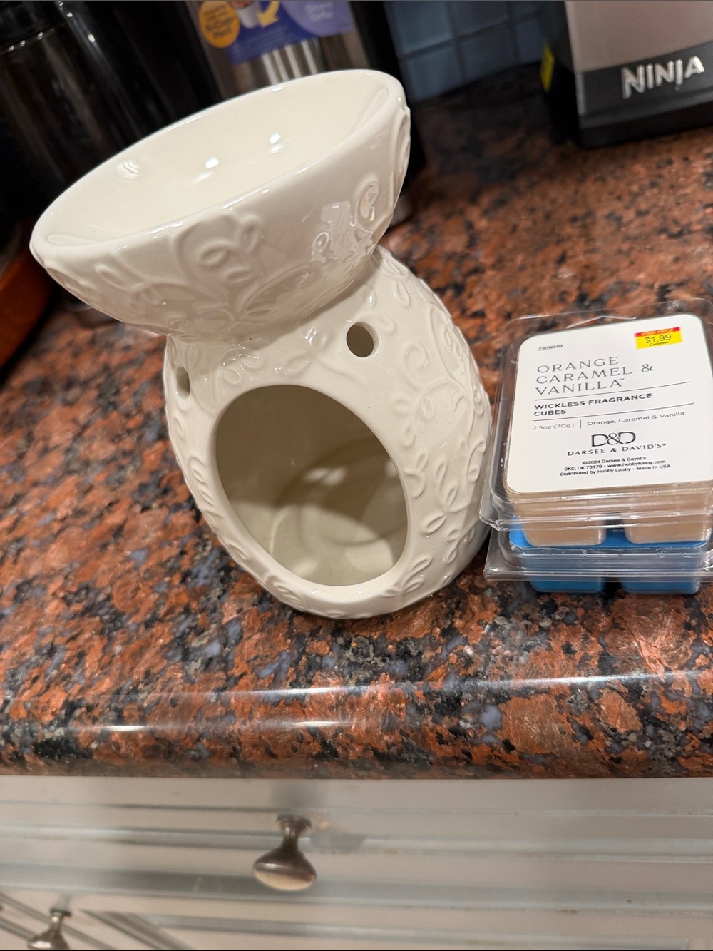 Hallmark Ceramic Oil Warmer in Cream floral relief Orange Caramel & Vanilla